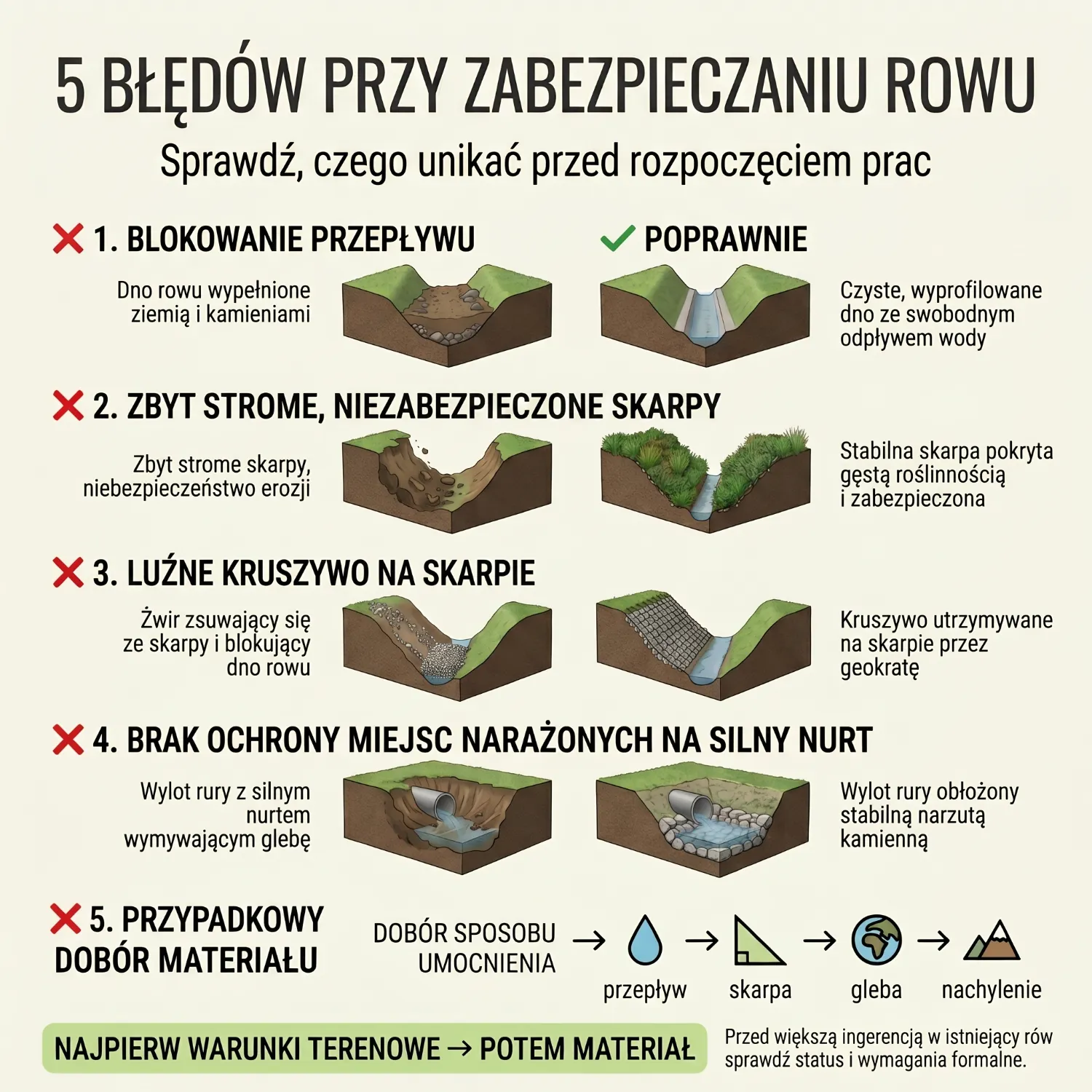 Przekrój trapezowy rowu melioracyjnego w ogrodzie z dnem zabezpieczonym darnią